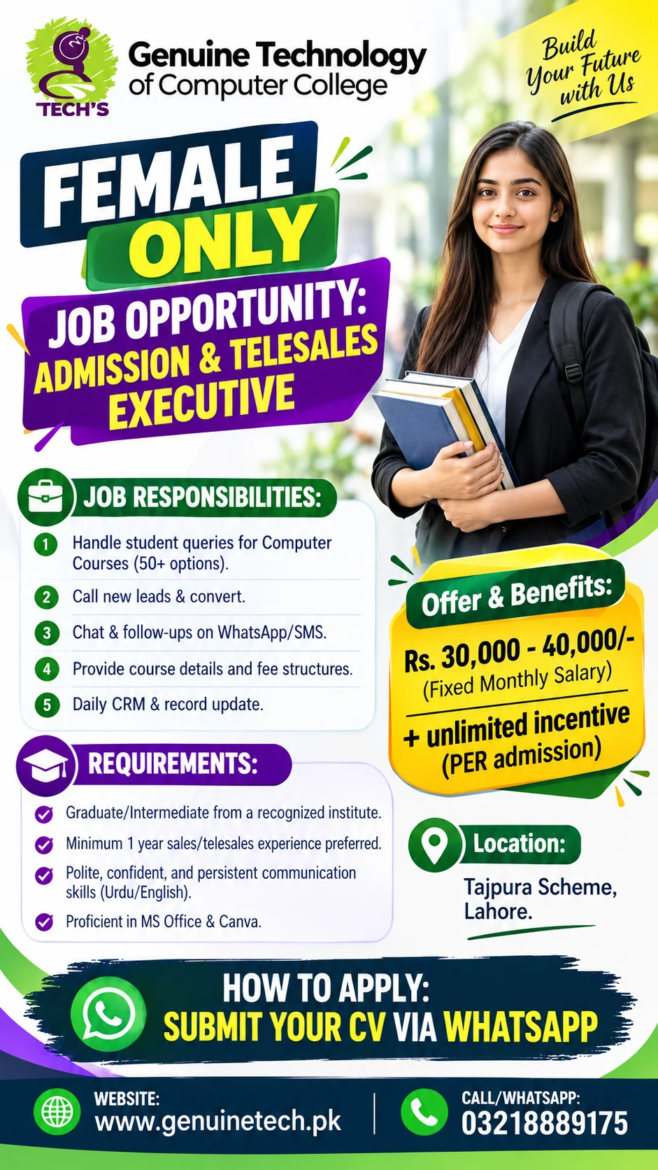 Female Receptionist | Admission & Telesales Executive | Genuine Technology College