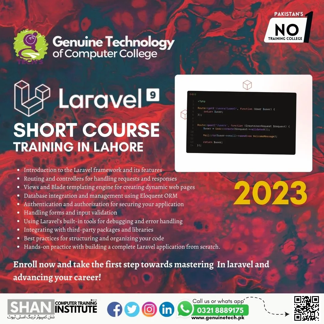 Laravel Short Course Training In lahore - Web Designing Course - shan computer trainings institute