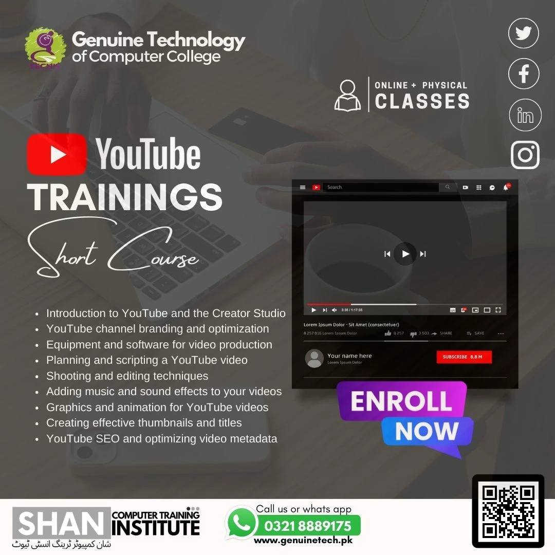 Youtube Trainings Course in Lahore Pakistan - short courses in lahore