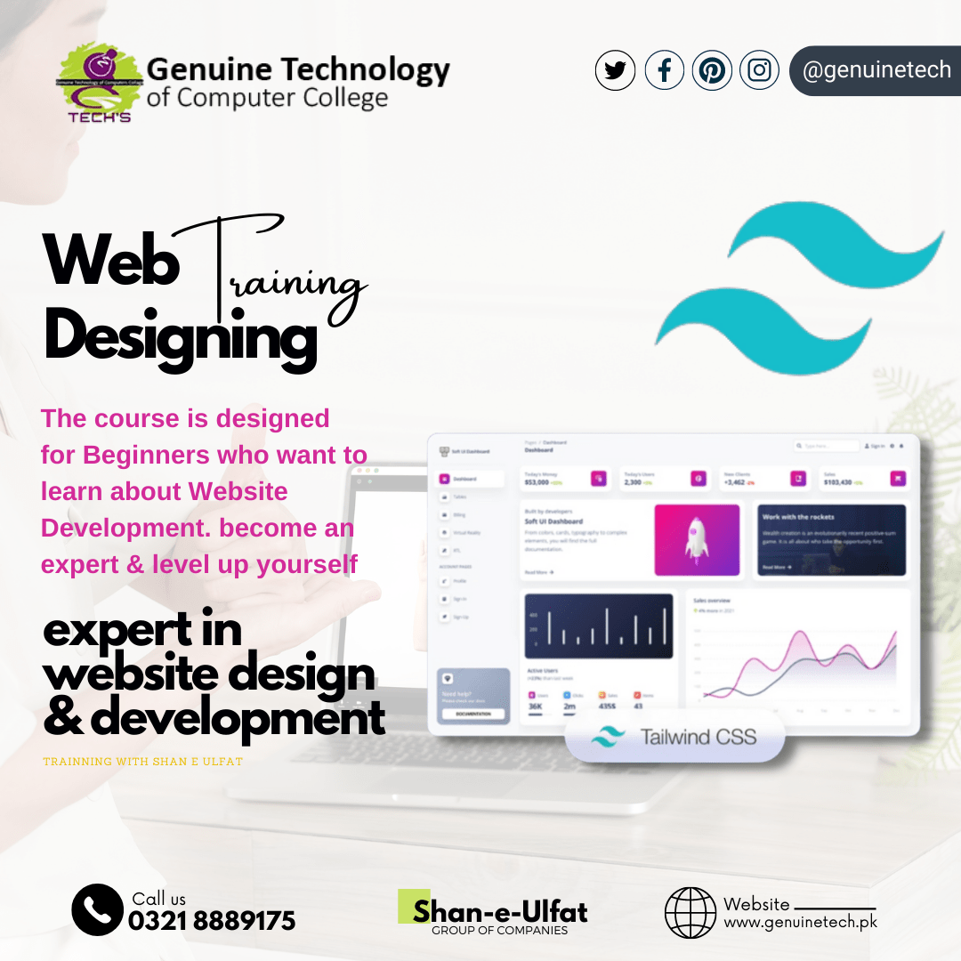 Expert in Web Design and Development Trainings Tailwind CSS Course - genuine technology of computer college by shan ulfat